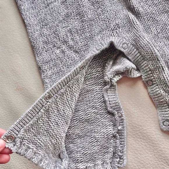 Henley Knit Jumpsuit, Like New, Shawl Collar, Elbow Patches, Gray & White Cotton - Picture 9 of 13